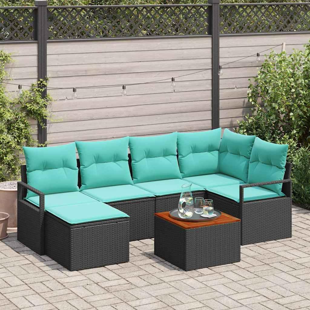 Havesofa Sæt med pude 7 stk Sort polyrattan