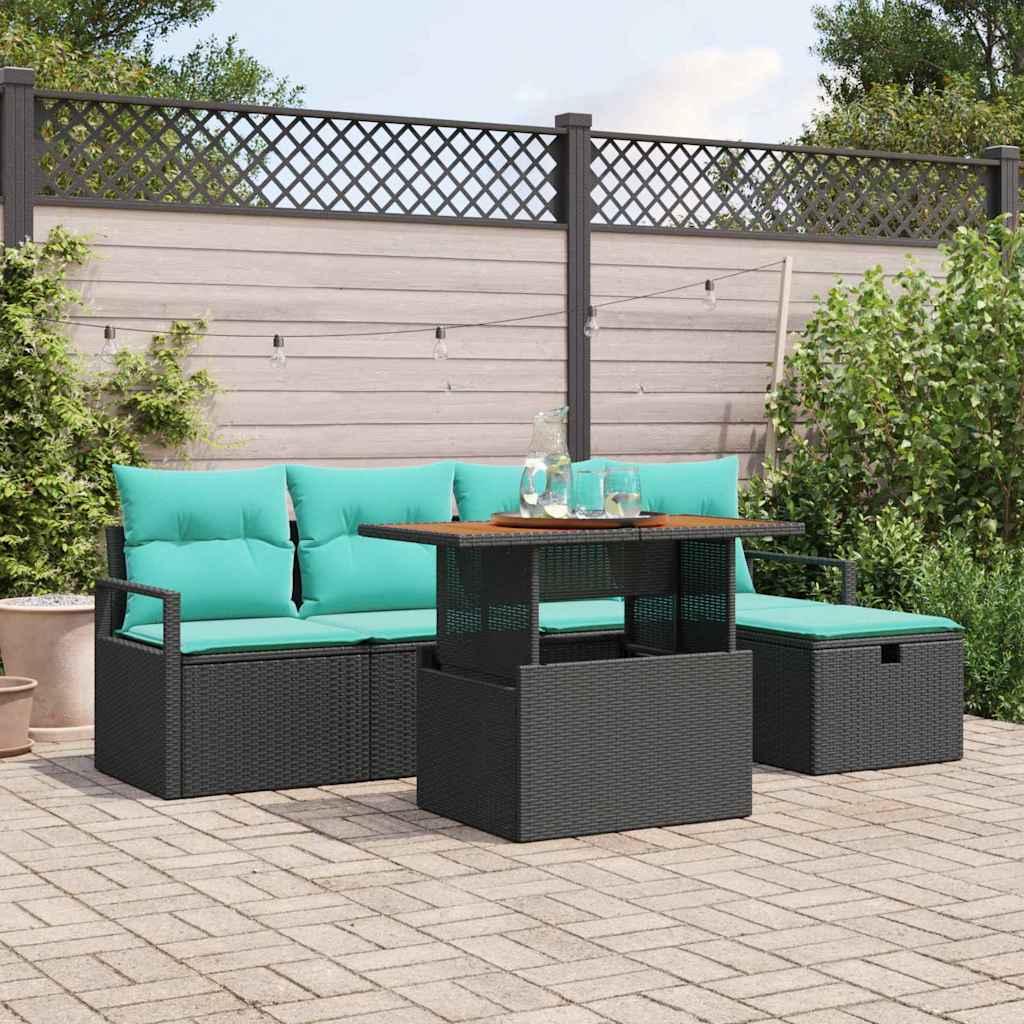 Havesofa Sæt med pude med opbevaring 6 stk Sort polyrattan