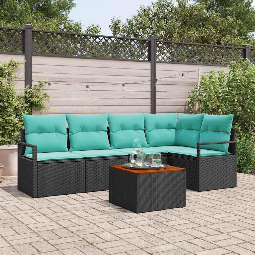 Havesofa Sæt med pude 6 stk Sort polyrattan