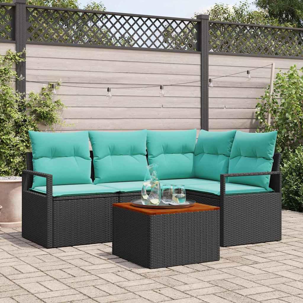 Havesofa Sæt med pude 5 stk Sort polyrattan