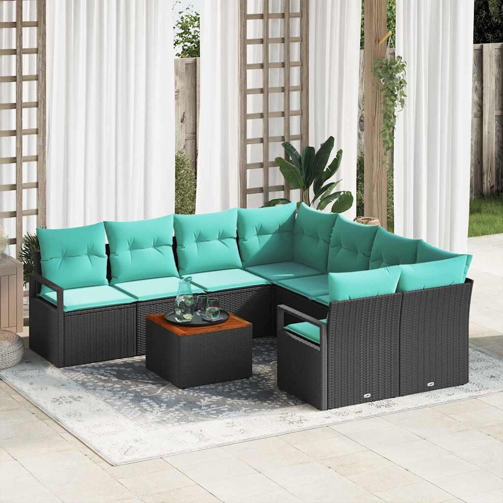 Havesofa Sæt med pude 9 stk Sort polyrattan