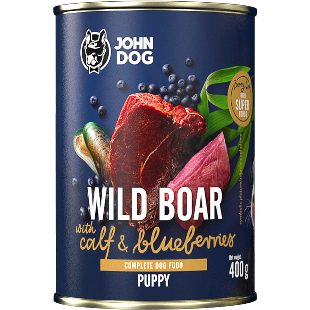 JOHN DOG Berry Line Puppy – vildsvin med kalv og blåbær vådfoder – 400 g