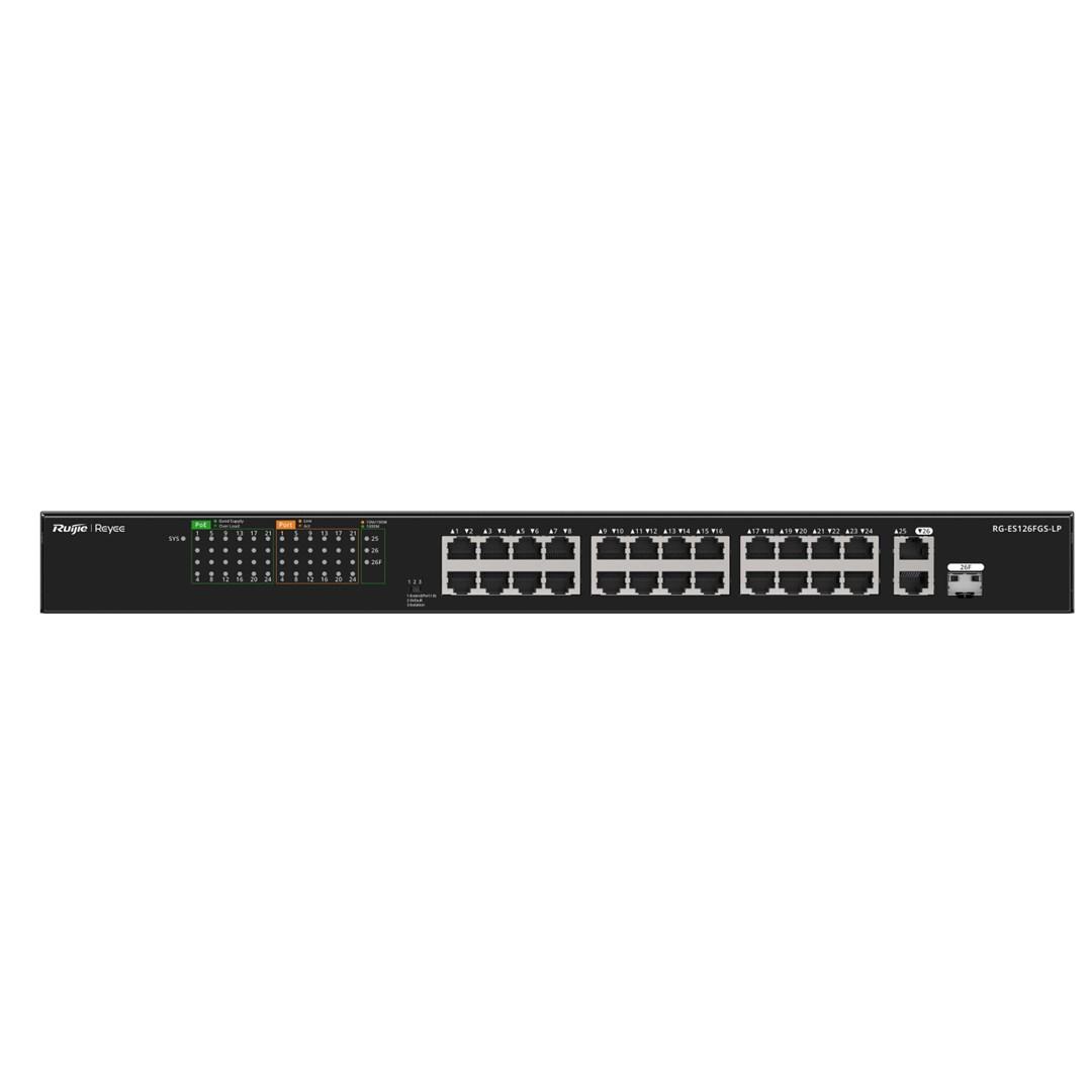 Ruijie RG-ES126FGS-LP - 24-port L2 Fast Ethernet PoE switch (2×Gigabit, 1×SFP) - Sort