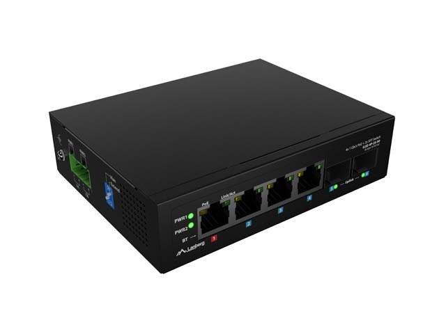 Lanberg ILGE-4P-2S-90 - industriel Gigabit PoE-switch med 1×BT, 3×PoE+ og 2×SFP, DIN-montage