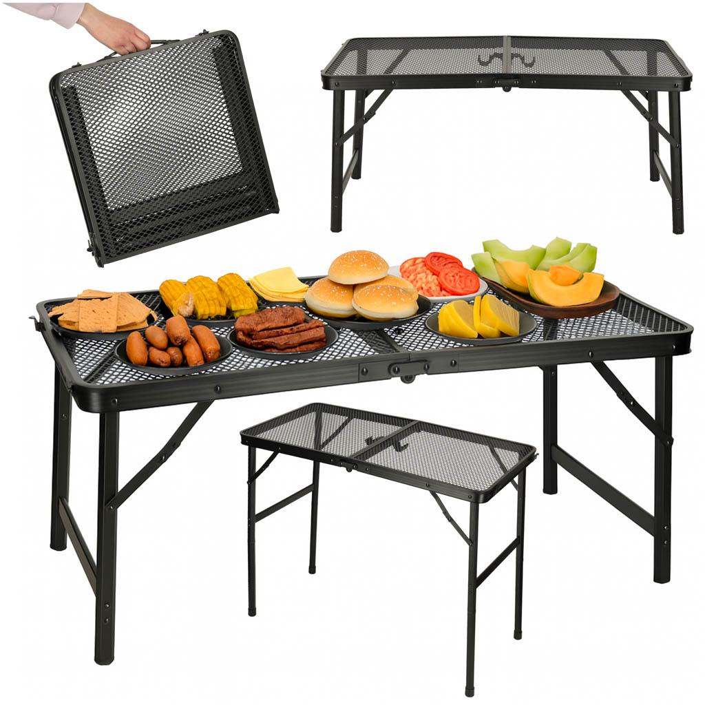 Sammenklappeligt rejse- og campingbord i aluminium med jernnet - 80 × 40 × 66/37 cm, sort