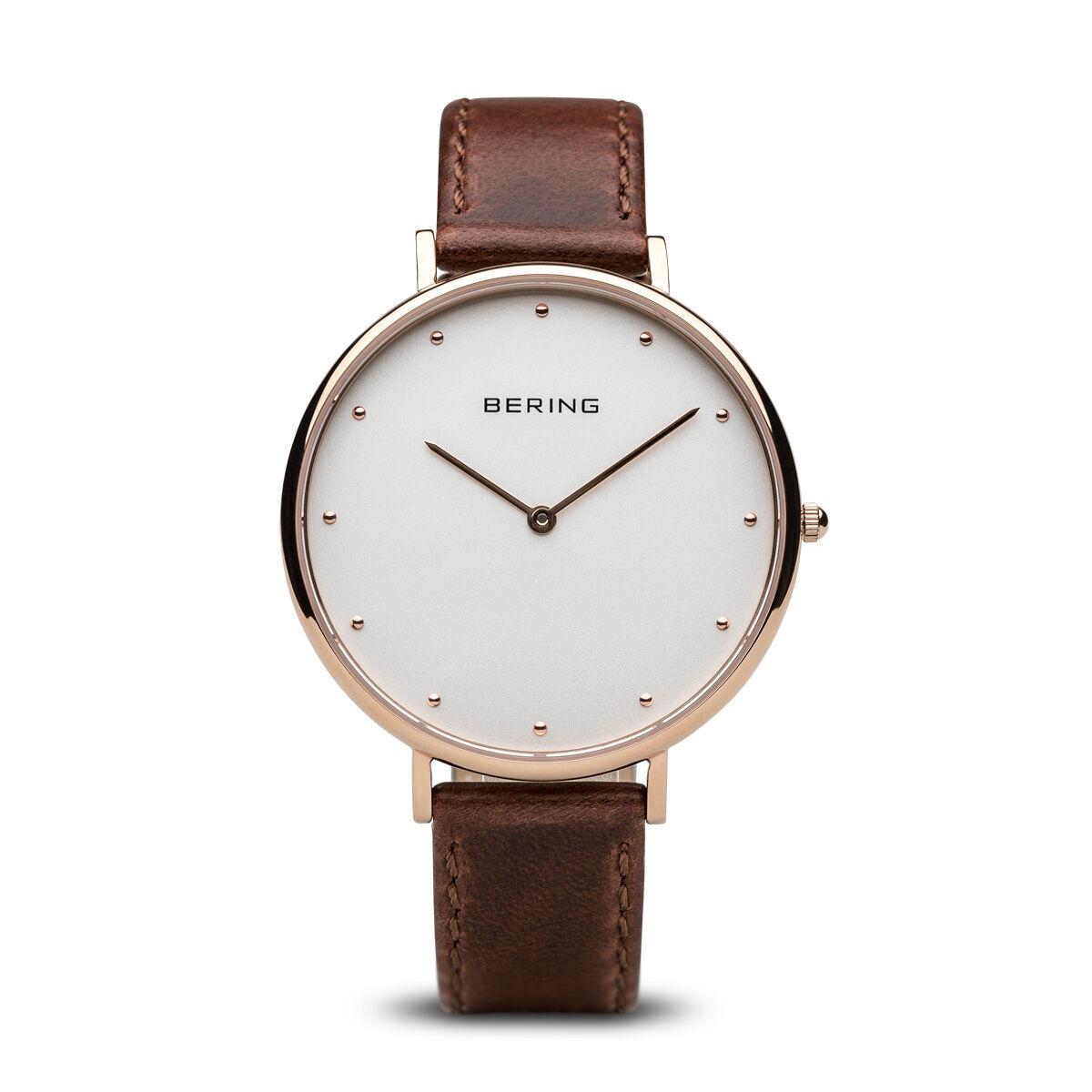 Bering dameur 14839-564 - rosenguld, hvid skive, brun læderrem