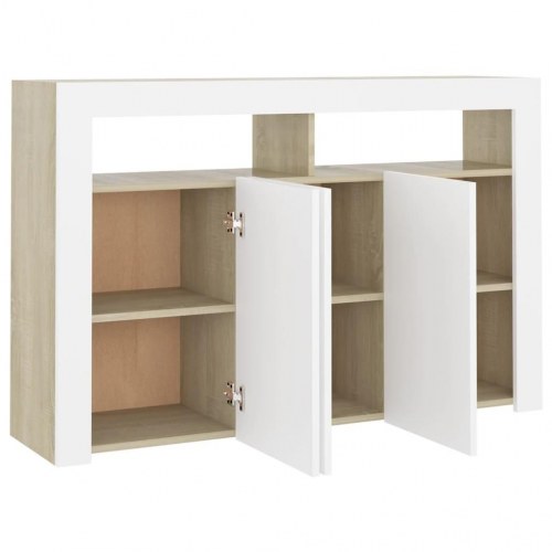 Skænk med LED-lys 115,5x30x75 cm hvid og sonoma-eg