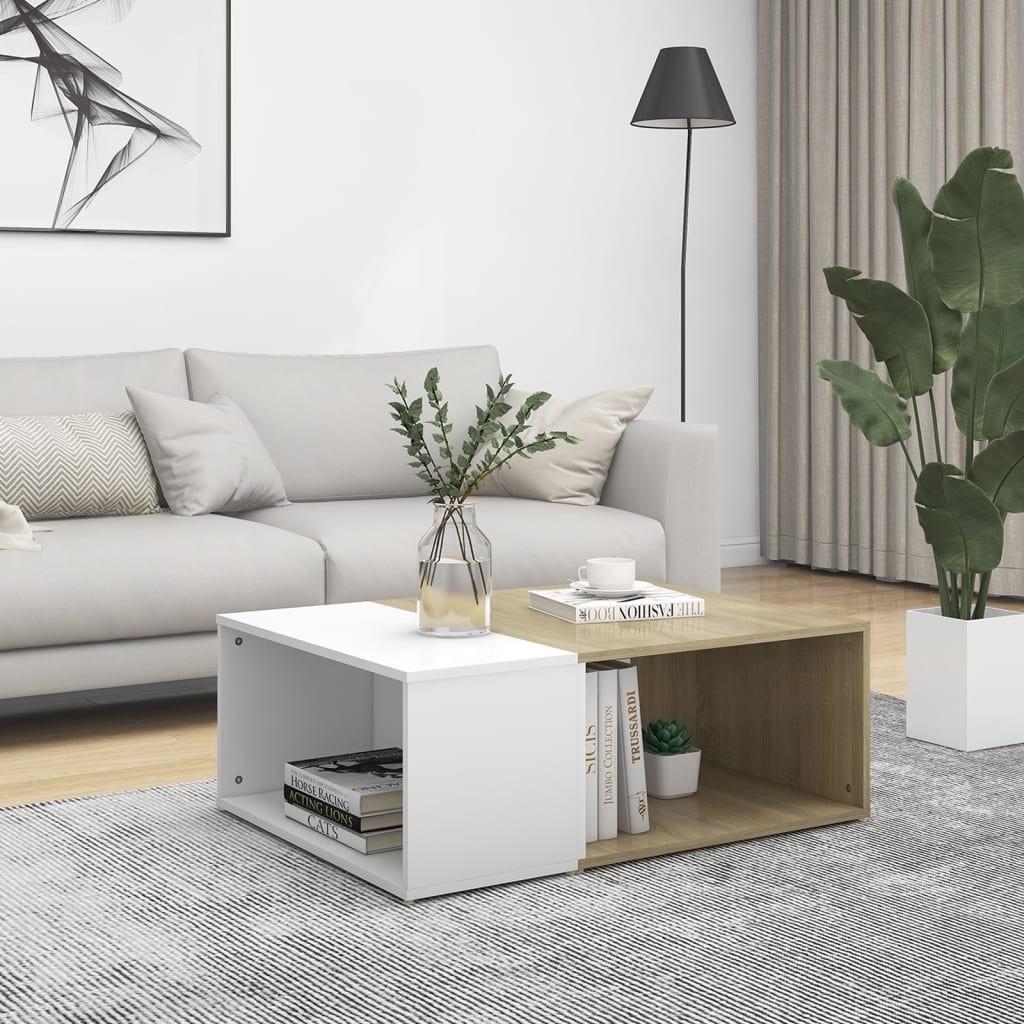 Sofabord 90x67x33 cm konstrueret træ hvid og sonoma-eg