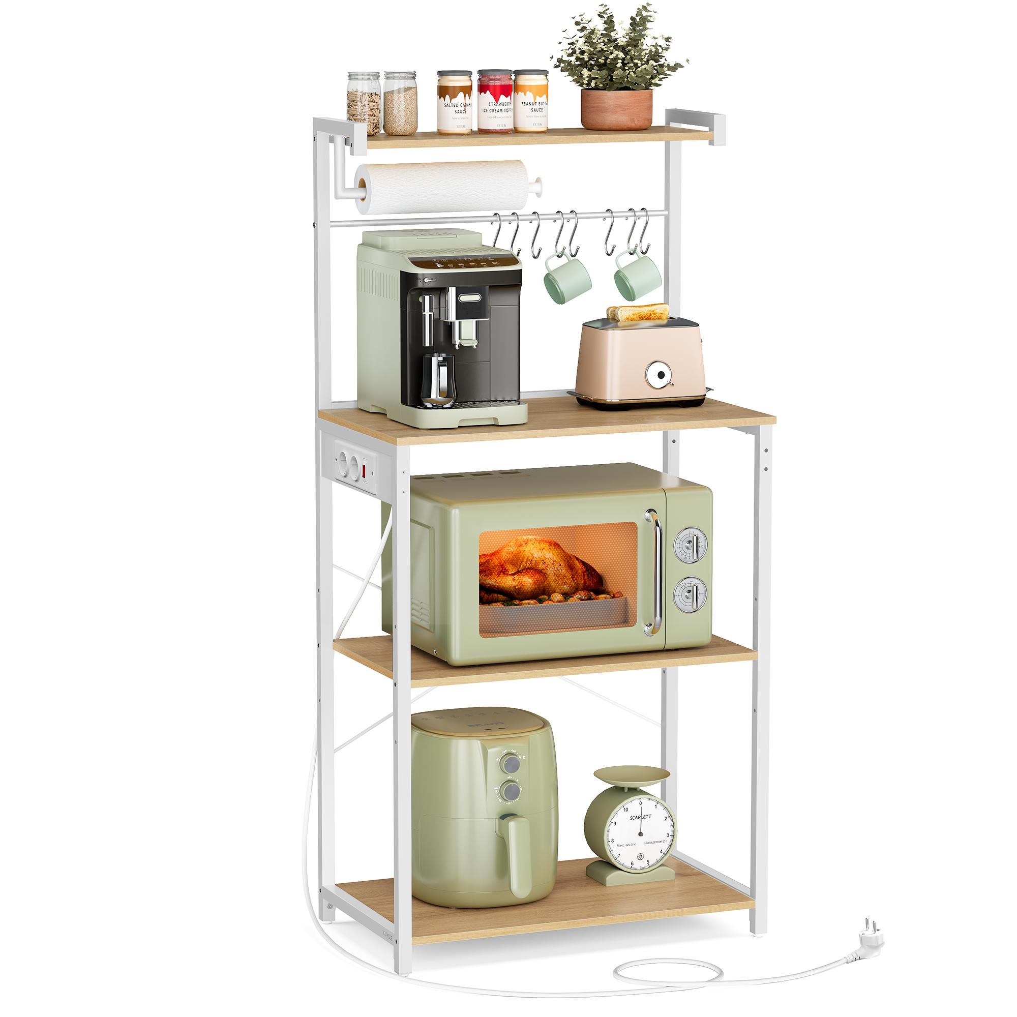 Køkkenreol med stikkontakter - fritstående mikrobølgehylde, 4 niveauer, 8 S-kroge, justerbar hylde og køkkenrulleholder, 40 × 60 × 140 cm - egetræ/g cloud hvid