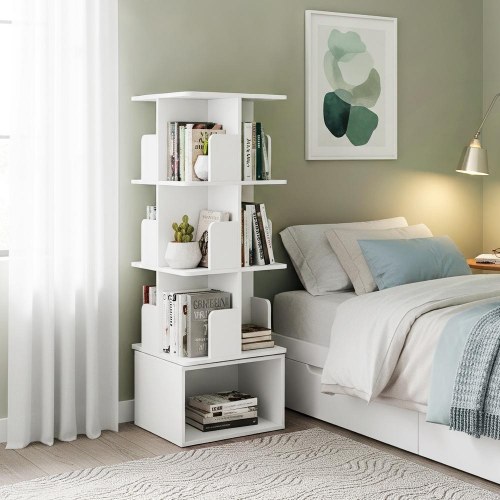 Roterende bogreol med 4 niveauer - åben opbevaringsreol 40 × 40 × 124,6 cm, skyhvid