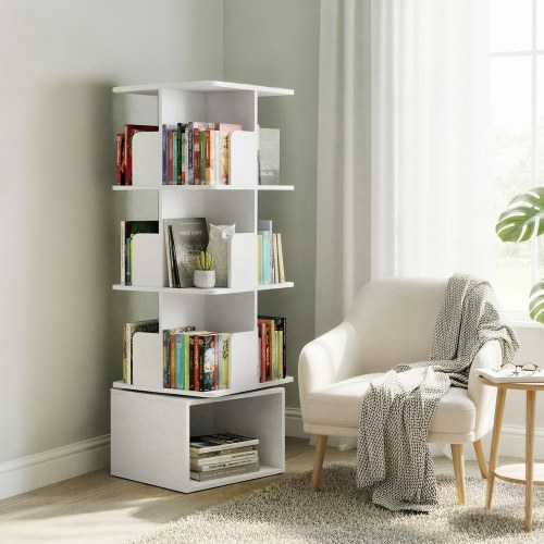 Roterende bogreol med 4 niveauer - åben opbevaringsreol 40 × 40 × 124,6 cm, skyhvid