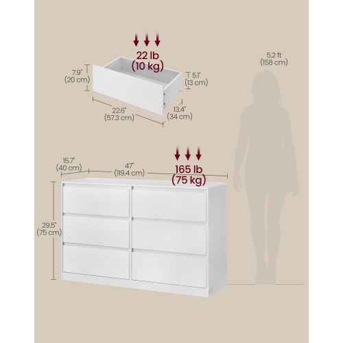 Kommode med 6 skuffer – moderne opbevaringsskab, 40 × 119,4 × 75 cm, hvid