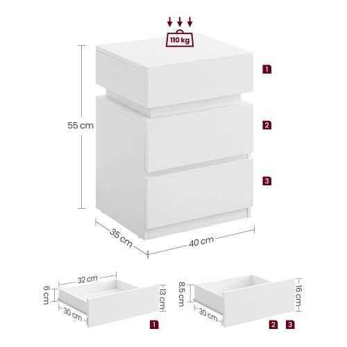 Sengeborde sæt - 3 skuffer, LED-lysbånd, moderne - hvid (2 stk.)
