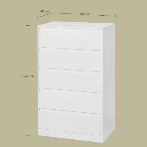 Kommode med 5 skuffer - slankt opbevaringsmøbel, moderne, snehvid 40 × 60 × 97,4 cm