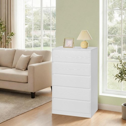 Kommode med 5 skuffer - slankt opbevaringsmøbel, moderne, snehvid 40 × 60 × 97,4 cm