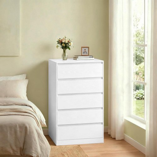 Kommode med 5 skuffer - slankt opbevaringsmøbel, moderne, snehvid 40 × 60 × 97,4 cm