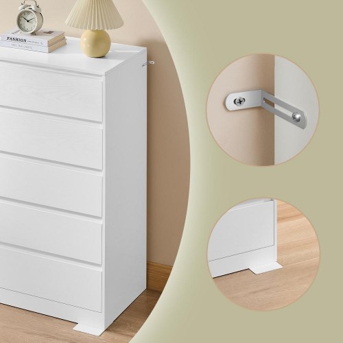 Kommode med 5 skuffer - slankt opbevaringsmøbel, moderne, snehvid 40 × 60 × 97,4 cm