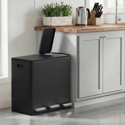 Skraldespand med 3 rum 3 × 18 l – stål, soft close – sort