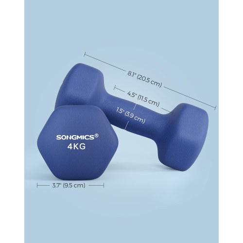 Sæt med 2 håndvægte 2 × 4 kg - neopren, sekskantede - blå