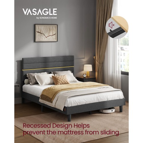 Sengeramme 140 x 200 cm med polstret gavl – justerbar højde, metalstel og lameller i massivt træ, skifergrå