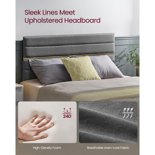 Sengeramme 140 x 200 cm med polstret gavl – justerbar højde, metalstel og lameller i massivt træ, skifergrå