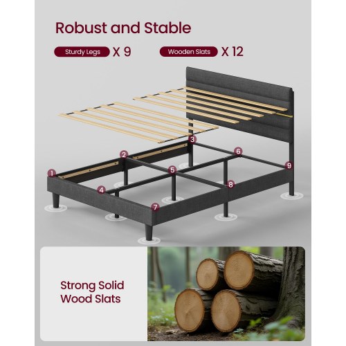 Sengeramme 140 x 200 cm med polstret gavl – justerbar højde, metalstel og lameller i massivt træ, skifergrå