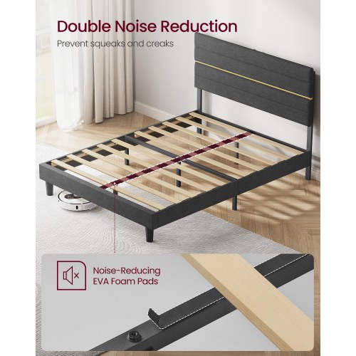 Sengeramme 140 x 200 cm med polstret gavl – justerbar højde, metalstel og lameller i massivt træ, skifergrå