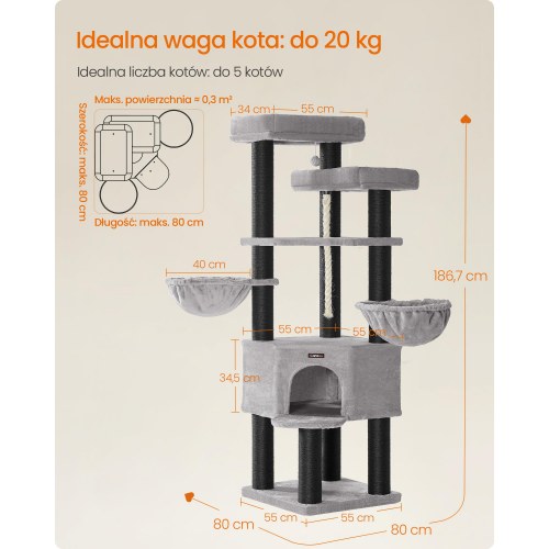 Feandrea stort kattetræ XXL - multietagers kradsetræ 55 × 55 × 186,7 cm, grå/sort (PCT008G02)