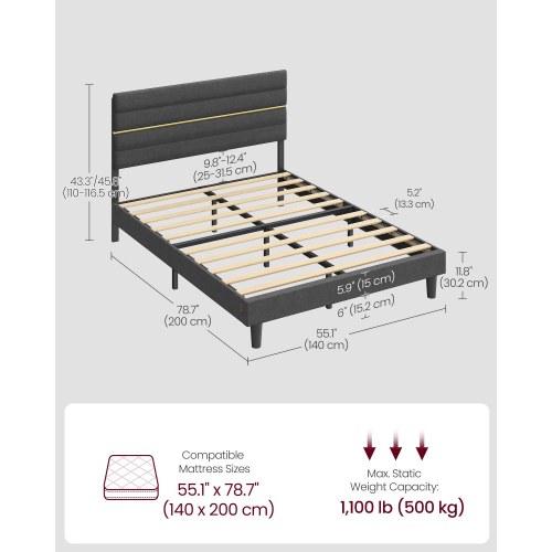 Sengeramme 140 x 200 cm med polstret gavl – justerbar højde, metalstel og lameller i massivt træ, skifergrå