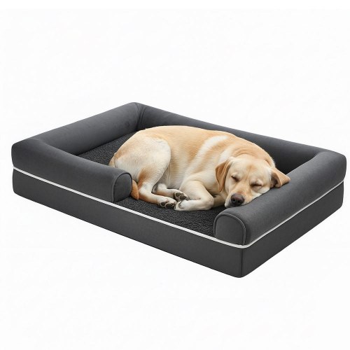 FEANDREA hundeseng - ortopædisk, stor, vandafvisende hundesofa med aftageligt vaskbart betræk, skridsikker bund, hævede kanter, 106,5 × 71,5 × 18,5 cm, mørkegrå