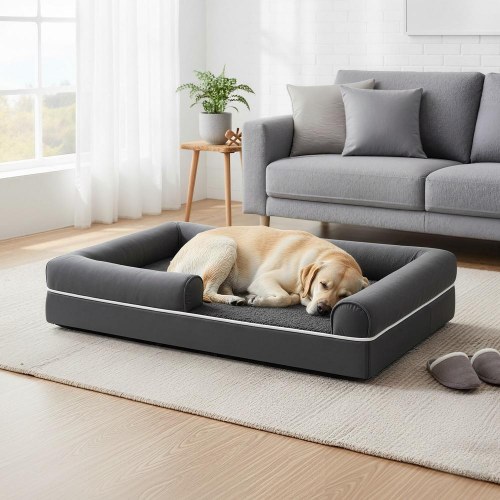 FEANDREA hundeseng - ortopædisk, stor, vandafvisende hundesofa med aftageligt vaskbart betræk, skridsikker bund, hævede kanter, 106,5 × 71,5 × 18,5 cm, mørkegrå