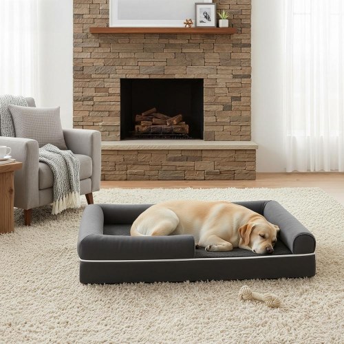 FEANDREA hundeseng - ortopædisk, stor, vandafvisende hundesofa med aftageligt vaskbart betræk, skridsikker bund, hævede kanter, 106,5 × 71,5 × 18,5 cm, mørkegrå