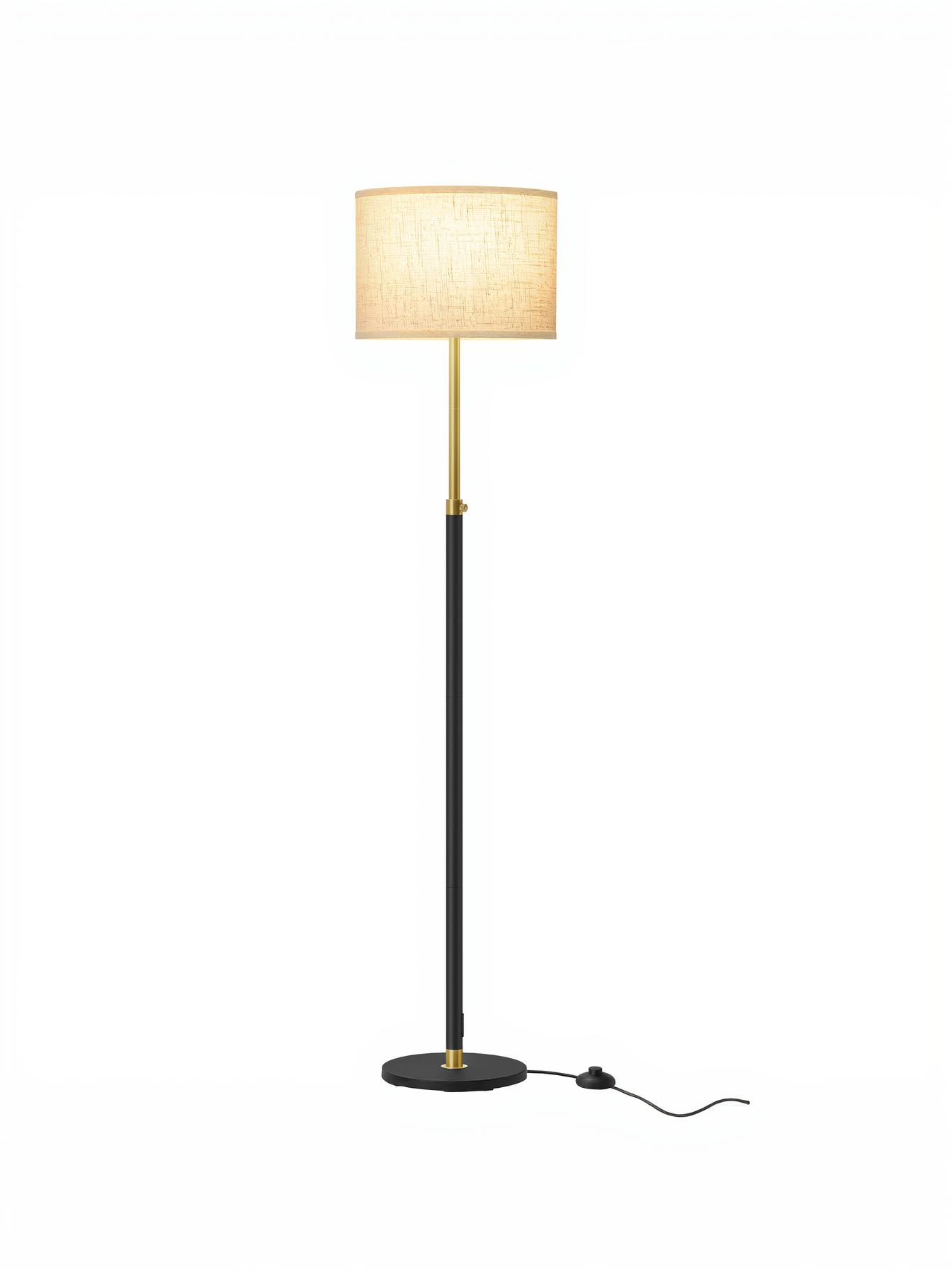 Højdejusterbar gulvlampe 140-170 cm med stofskærm og fodkontakt - E27, guld/sort