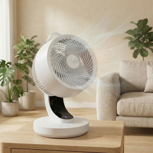 Støjsvag bordventilator – 8 hastigheder, 70° sving, fjernbetjening, 12-timers timer – hvid