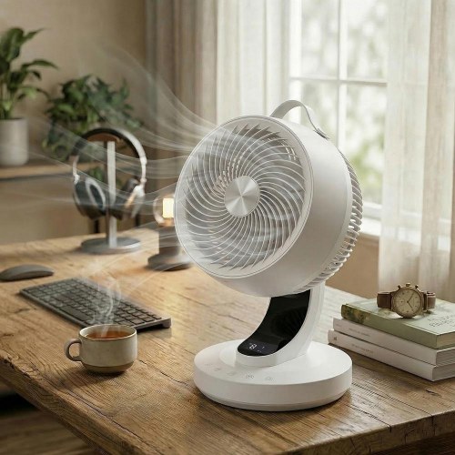 Støjsvag bordventilator – 8 hastigheder, 70° sving, fjernbetjening, 12-timers timer – hvid