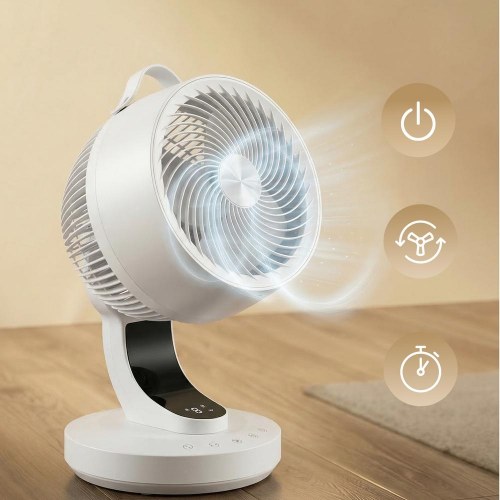 Støjsvag bordventilator – 8 hastigheder, 70° sving, fjernbetjening, 12-timers timer – hvid