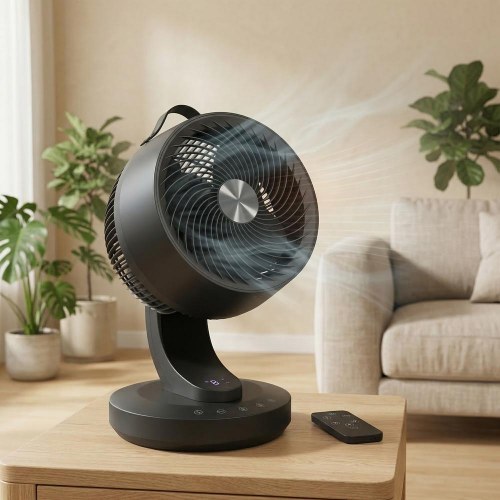 Bordventilator med fjernbetjening - 8 hastigheder, 70° sving, luftcirkulator, 12-timers timer - sort