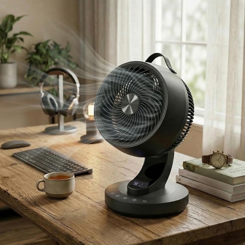 Bordventilator med fjernbetjening - 8 hastigheder, 70° sving, luftcirkulator, 12-timers timer - sort