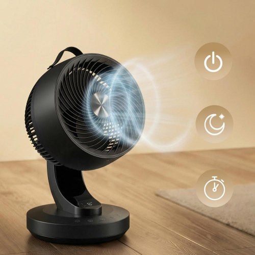 Bordventilator med fjernbetjening - 8 hastigheder, 70° sving, luftcirkulator, 12-timers timer - sort