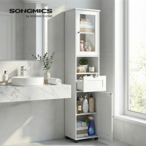 Højt badeværelsesskab – smalt opbevaringsskab med glaslåge og åben hylde, højdejusterbare hylder, vandafvisende fødder – cloud hvid