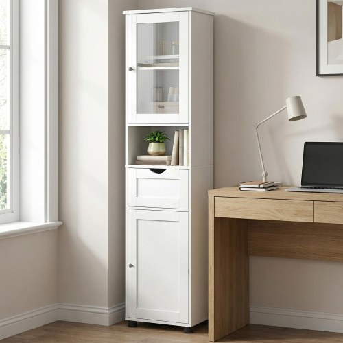 Højt badeværelsesskab – smalt opbevaringsskab med glaslåge og åben hylde, højdejusterbare hylder, vandafvisende fødder – cloud hvid