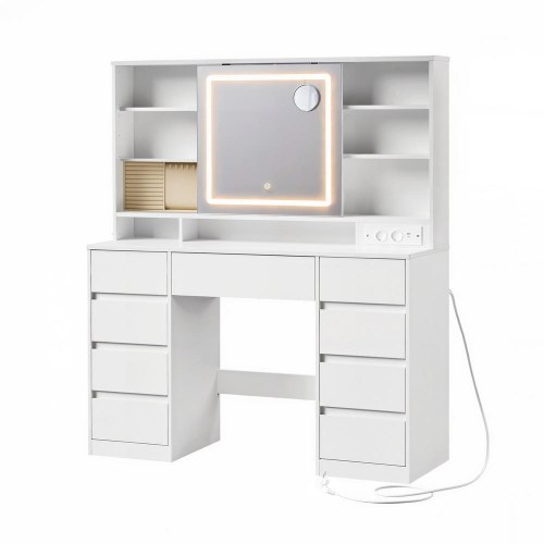 Toiletbord med LED-spejl, 9 skuffer og smykkes opbevaring – hvid