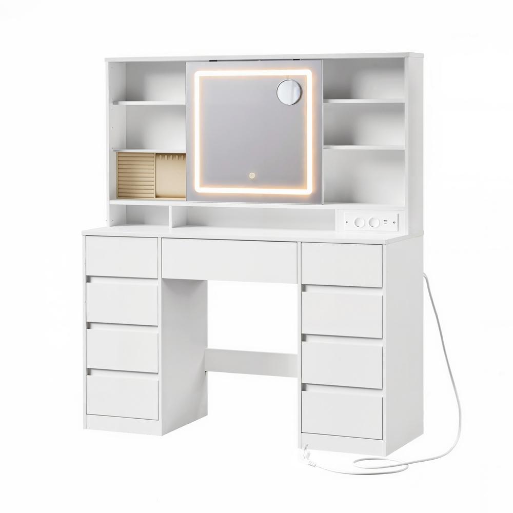 Toiletbord med LED-spejl, 9 skuffer og smykkes opbevaring – hvid