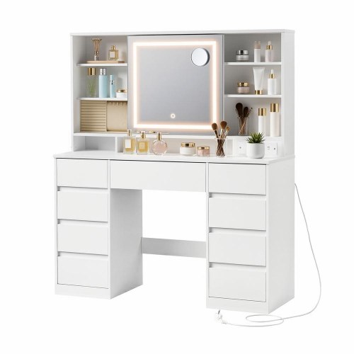 Toiletbord med LED-spejl, 9 skuffer og smykkes opbevaring – hvid
