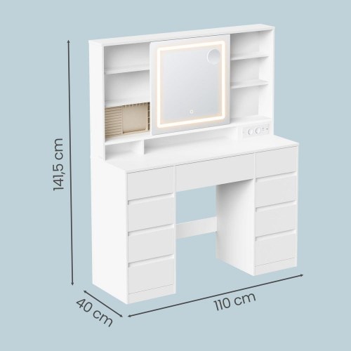Toiletbord med LED-spejl, 9 skuffer og smykkes opbevaring – hvid
