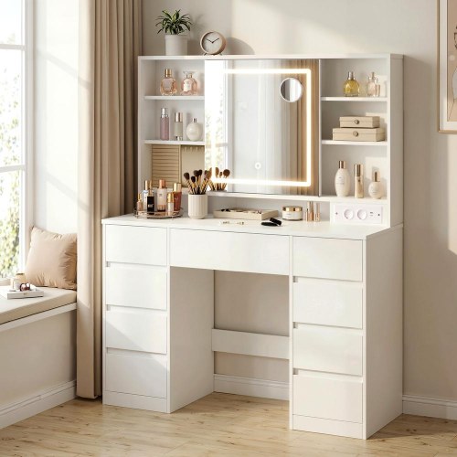 Toiletbord med LED-spejl, 9 skuffer og smykkes opbevaring – hvid