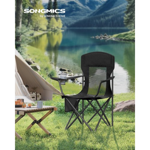 Sæt med 2 foldbare campingstole - høj ryg, justerbare armlæn og kopholder, sort