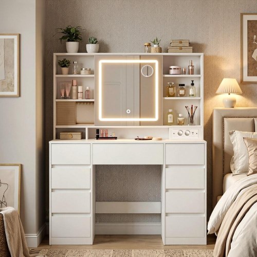 Toiletbord med LED-spejl, 9 skuffer og smykkes opbevaring – hvid