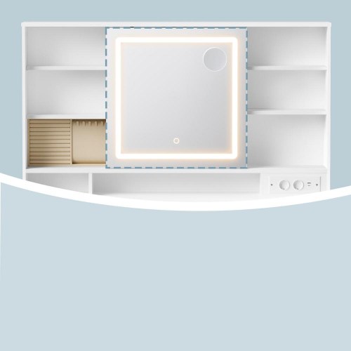 Toiletbord med LED-spejl, 9 skuffer og smykkes opbevaring – hvid
