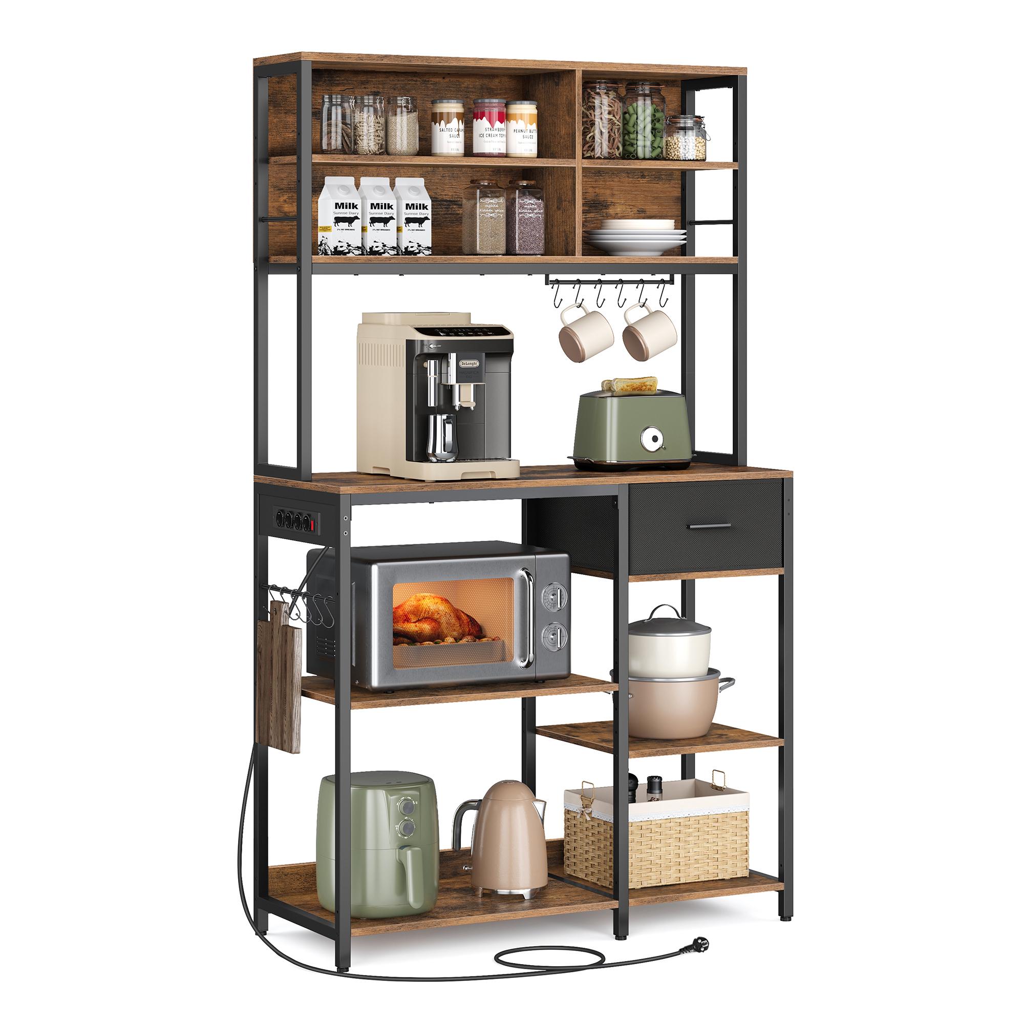 Køkkenreol med strømudtag - kaffebar med justerbare hylder, stofskuffe og 12 kroge, 40 × 100 × 180,2 cm, mikrobølgehylde - rustik brun/sort